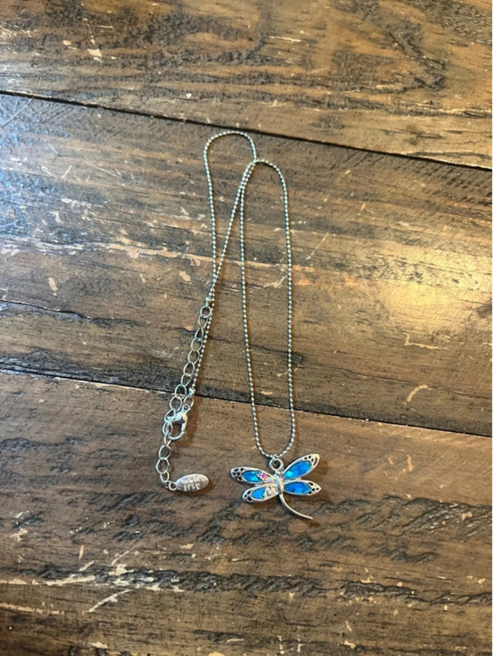 0052 Blue Opal Inlay Dragonfly Pendant Necklace – Silver Tone Ball Chain